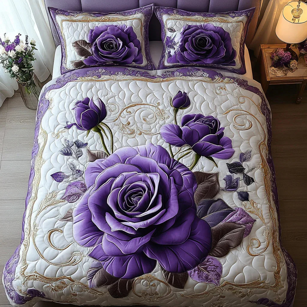 Vuodevaatesetti, tikattu, 3 osaa - Violetti ruusu